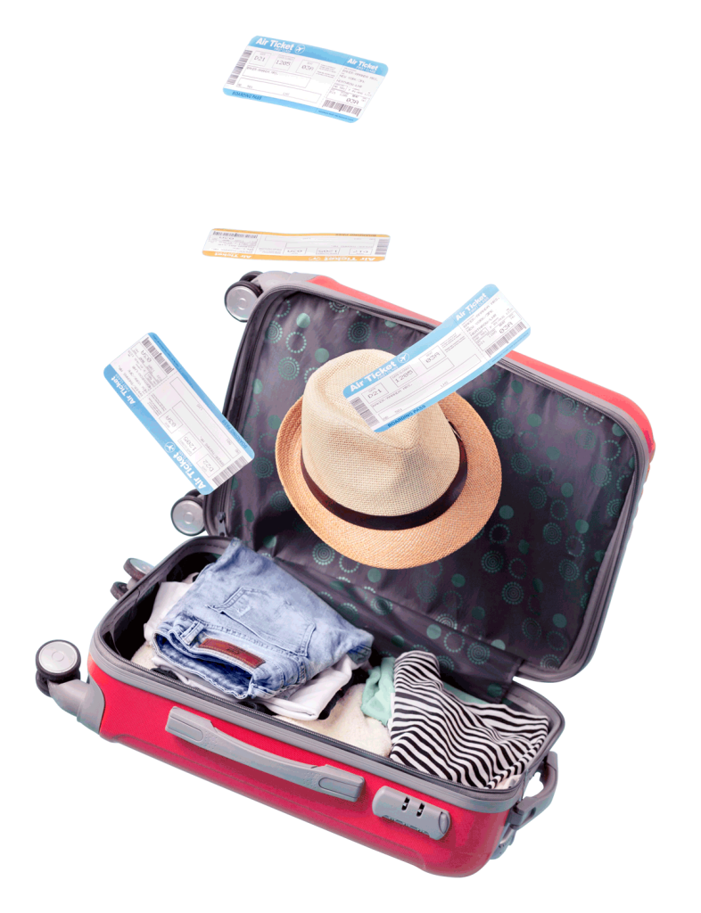 Viajarium - Maleta abierta con equipaje y billetes de viaje
